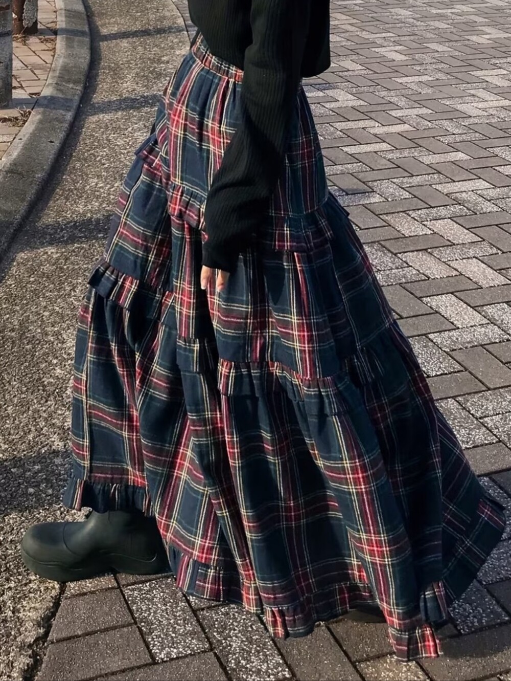 Women'S Plaid Ruched Ruffled Waistband Casual Elegant Maxi Skirt Half Skirt